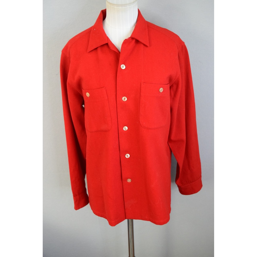 Pendleton Wool Shirt Jacket Medium Red Wool Button Men Vtg 60's Loop Collar